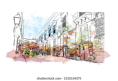 Building view with landmark of Sicily, the largest Mediterranean island, is just off the "toe" of Italy's "boot." Watercolor splash with hand drawn sketch illustration in vector.