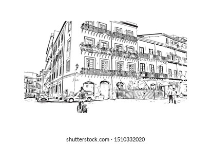 Building view with landmark of Sicily, the largest Mediterranean island, is just off the "toe" of Italy's "boot." Hand drawn sketch illustration in vector.
