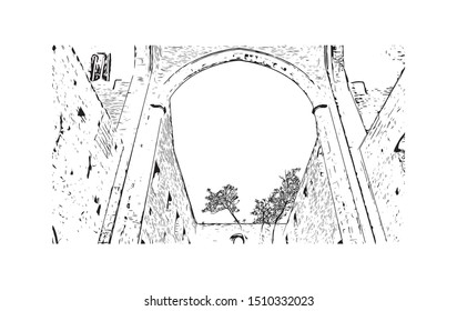 Building view with landmark of Sicily, the largest Mediterranean island, is just off the "toe" of Italy's "boot." Hand drawn sketch illustration in vector.