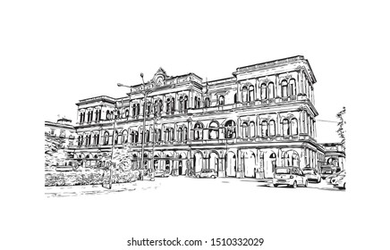 Building view with landmark of Sicily, the largest Mediterranean island, is just off the "toe" of Italy's "boot." Hand drawn sketch illustration in vector.