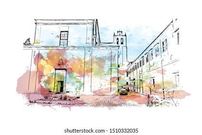 Building view with landmark of Sicily, the largest Mediterranean island, is just off the "toe" of Italy's "boot." Watercolor splash with Hand drawn sketch illustration in vector.