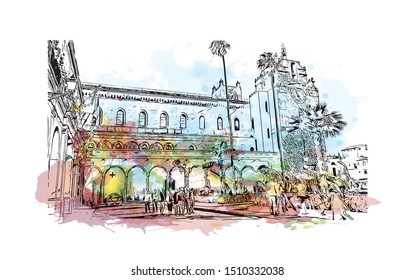 Building view with landmark of Sicily, the largest Mediterranean island, is just off the "toe" of Italy's "boot." Watercolor splash with Hand drawn sketch illustration in vector.