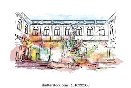 Building view with landmark of Sicily, the largest Mediterranean island, is just off the "toe" of Italy's "boot." Watercolor splash with Hand drawn sketch illustration in vector.
