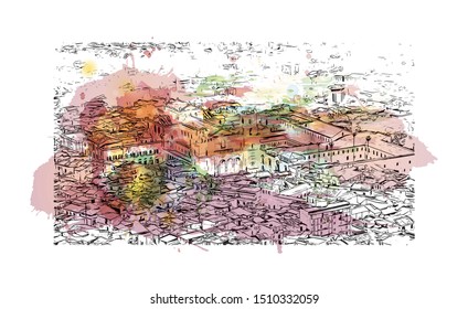 Building view with landmark of Sicily, the largest Mediterranean island, is just off the "toe" of Italy's "boot." Watercolor splash with Hand drawn sketch illustration in vector.