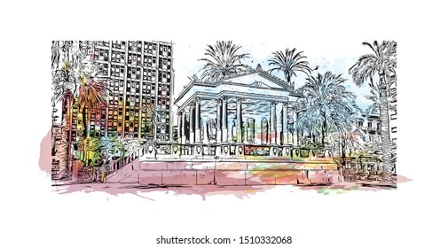 Building view with landmark of Sicily, the largest Mediterranean island, is just off the "toe" of Italy's "boot." Watercolor splash with Hand drawn sketch illustration in vector.