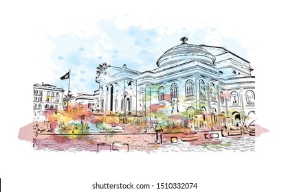 Building view with landmark of Sicily, the largest Mediterranean island, is just off the "toe" of Italy's "boot." Watercolor splash with Hand drawn sketch illustration in vector.