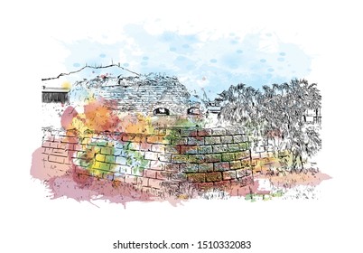 Building view with landmark of Sicily, the largest Mediterranean island, is just off the "toe" of Italy's "boot." Watercolor splash with Hand drawn sketch illustration in vector.