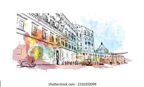 Building view with landmark of Sicily, the largest Mediterranean island, is just off the "toe" of Italy's "boot." Watercolor splash with Hand drawn sketch illustration in vector.