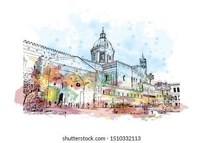 Building view with landmark of Sicily, the largest Mediterranean island, is just off the "toe" of Italy's "boot." Watercolor splash with Hand drawn sketch illustration in vector.