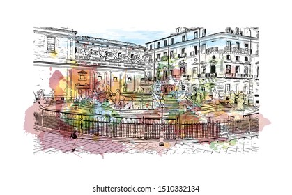Building view with landmark of Sicily, the largest Mediterranean island, is just off the "toe" of Italy's "boot." Watercolor splash with Hand drawn sketch illustration in vector.