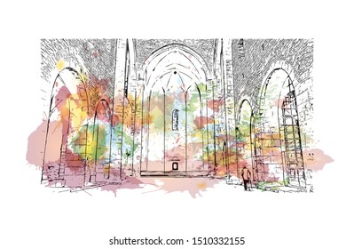 Building view with landmark of Sicily, the largest Mediterranean island, is just off the "toe" of Italy's "boot." Watercolor splash with Hand drawn sketch illustration in vector.