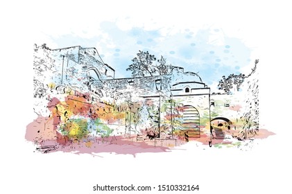 Building view with landmark of Sicily, the largest Mediterranean island, is just off the "toe" of Italy's "boot." Watercolor splash with Hand drawn sketch illustration in vector.