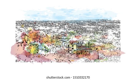 Building view with landmark of Sicily, the largest Mediterranean island, is just off the "toe" of Italy's "boot." Watercolor splash with Hand drawn sketch illustration in vector.