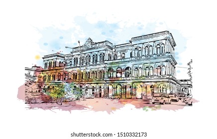 Building view with landmark of Sicily, the largest Mediterranean island, is just off the "toe" of Italy's "boot." Watercolor splash with Hand drawn sketch illustration in vector.
