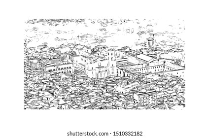 Building view with landmark of Sicily, the largest Mediterranean island, is just off the "toe" of Italy's "boot." Hand drawn sketch illustration in vector.