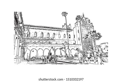 Building view with landmark of Sicily, the largest Mediterranean island, is just off the "toe" of Italy's "boot." Hand drawn sketch illustration in vector.