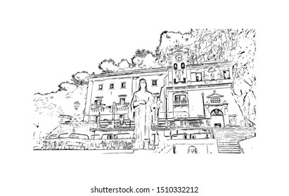 Building view with landmark of Sicily, the largest Mediterranean island, is just off the "toe" of Italy's "boot." Hand drawn sketch illustration in vector.