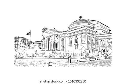 Building view with landmark of Sicily, the largest Mediterranean island, is just off the "toe" of Italy's "boot." Hand drawn sketch illustration in vector.