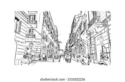 Building view with landmark of Sicily, the largest Mediterranean island, is just off the "toe" of Italy's "boot." Hand drawn sketch illustration in vector.