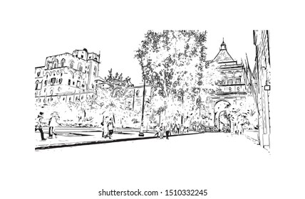 Building view with landmark of Sicily, the largest Mediterranean island, is just off the "toe" of Italy's "boot." Hand drawn sketch illustration in vector.