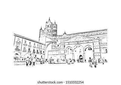Building view with landmark of Sicily, the largest Mediterranean island, is just off the "toe" of Italy's "boot." Hand drawn sketch illustration in vector.