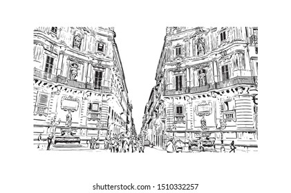Building view with landmark of Sicily, the largest Mediterranean island, is just off the "toe" of Italy's "boot." Hand drawn sketch illustration in vector.
