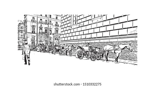 Building view with landmark of Sicily, the largest Mediterranean island, is just off the "toe" of Italy's "boot." Hand drawn sketch illustration in vector.