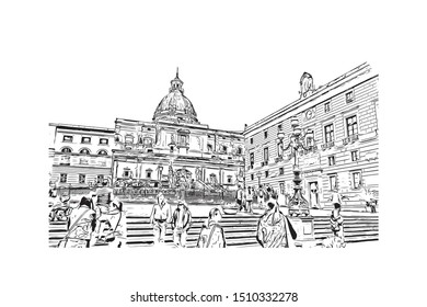 Building view with landmark of Sicily, the largest Mediterranean island, is just off the "toe" of Italy's "boot." Hand drawn sketch illustration in vector.