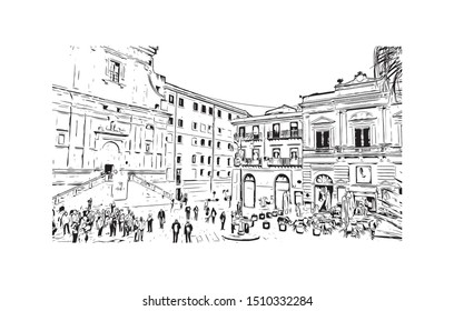 Building view with landmark of Sicily, the largest Mediterranean island, is just off the "toe" of Italy's "boot." Hand drawn sketch illustration in vector.