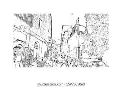 Building view with landmark of Sicily, the largest Mediterranean island, is just off the "toe" of Italy's "boot." Hand drawn sketch illustration in vector.