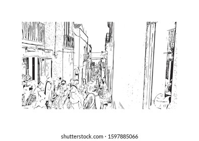 Building view with landmark of Sicily, the largest Mediterranean island, is just off the "toe" of Italy's "boot." Hand drawn sketch illustration in vector.
