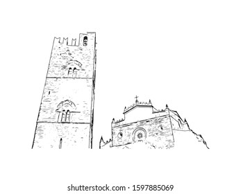 Building view with landmark of Sicily, the largest Mediterranean island, is just off the "toe" of Italy's "boot." Hand drawn sketch illustration in vector.