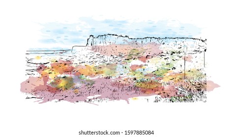 Building view with landmark of Sicily, the largest Mediterranean island, is just off the "toe" of Italy's "boot." Watercolor splash with Hand drawn sketch illustration in vector.