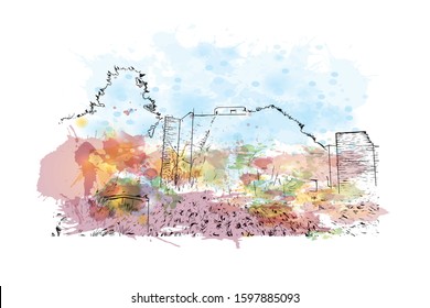 Building view with landmark of Sicily, the largest Mediterranean island, is just off the "toe" of Italy's "boot." Watercolor splash with Hand drawn sketch illustration in vector.