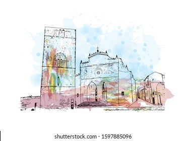 Building view with landmark of Sicily, the largest Mediterranean island, is just off the "toe" of Italy's "boot." Watercolor splash with Hand drawn sketch illustration in vector.