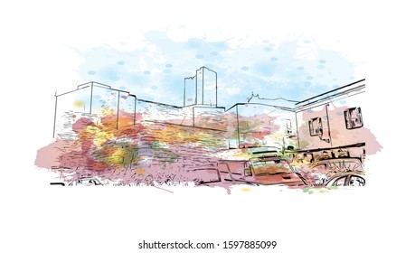Building view with landmark of Sicily, the largest Mediterranean island, is just off the "toe" of Italy's "boot." Watercolor splash with Hand drawn sketch illustration in vector.