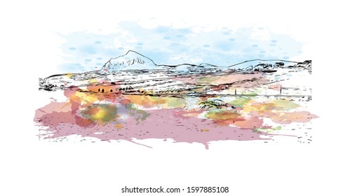 Building view with landmark of Sicily, the largest Mediterranean island, is just off the "toe" of Italy's "boot." Watercolor splash with Hand drawn sketch illustration in vector.