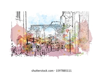Building view with landmark of Sicily, the largest Mediterranean island, is just off the "toe" of Italy's "boot." Watercolor splash with Hand drawn sketch illustration in vector.