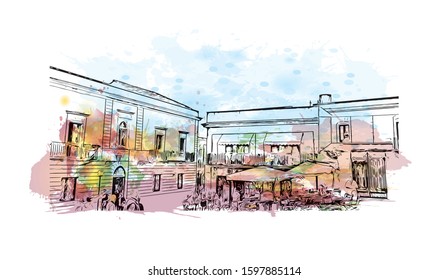 Building view with landmark of Sicily, the largest Mediterranean island, is just off the "toe" of Italy's "boot." Watercolor splash with Hand drawn sketch illustration in vector.