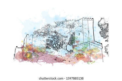 Building view with landmark of Sicily, the largest Mediterranean island, is just off the "toe" of Italy's "boot." Watercolor splash with Hand drawn sketch illustration in vector.