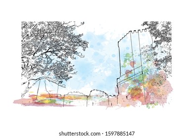 Building view with landmark of Sicily, the largest Mediterranean island, is just off the "toe" of Italy's "boot." Watercolor splash with Hand drawn sketch illustration in vector.