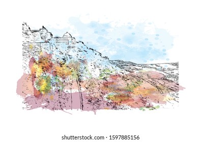 Building view with landmark of Sicily, the largest Mediterranean island, is just off the "toe" of Italy's "boot." Watercolor splash with Hand drawn sketch illustration in vector.