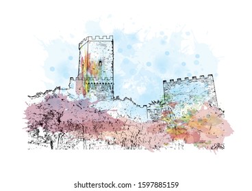 Building view with landmark of Sicily, the largest Mediterranean island, is just off the "toe" of Italy's "boot." Watercolor splash with Hand drawn sketch illustration in vector.