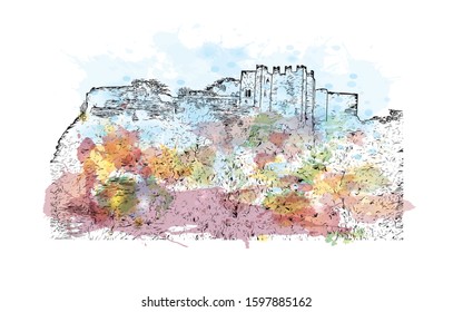 Building view with landmark of Sicily, the largest Mediterranean island, is just off the "toe" of Italy's "boot." Watercolor splash with Hand drawn sketch illustration in vector.