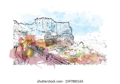 Vista del edificio con el Lugar famoso de Sicilia, la Grande isla mediterránea, está justo al lado de la "punta" de la "bota" de Italia. Salpicadura de acuarela con ilustración de boceto dibujado a mano en Vector.