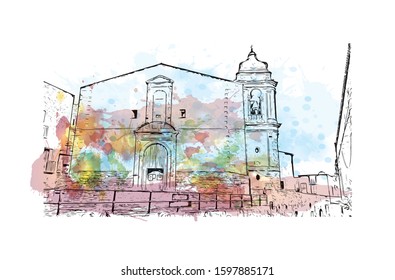 Building view with landmark of Sicily, the largest Mediterranean island, is just off the "toe" of Italy's "boot." Watercolor splash with Hand drawn sketch illustration in vector.