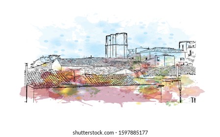 Building view with landmark of Sicily, the largest Mediterranean island, is just off the "toe" of Italy's "boot." Watercolor splash with Hand drawn sketch illustration in vector.