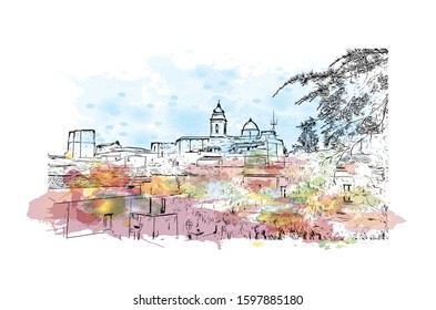 Building view with landmark of Sicily, the largest Mediterranean island, is just off the "toe" of Italy's "boot." Watercolor splash with Hand drawn sketch illustration in vector.