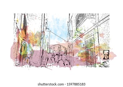 Building view with landmark of Sicily, the largest Mediterranean island, is just off the "toe" of Italy's "boot." Watercolor splash with Hand drawn sketch illustration in vector.