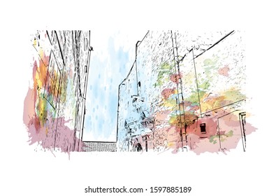 Building view with landmark of Sicily, the largest Mediterranean island, is just off the "toe" of Italy's "boot." Watercolor splash with Hand drawn sketch illustration in vector.